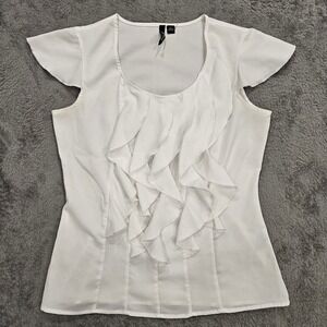 M Milano White Ruffle Front Flutter Sleeve Scoop Neck Blouse Small